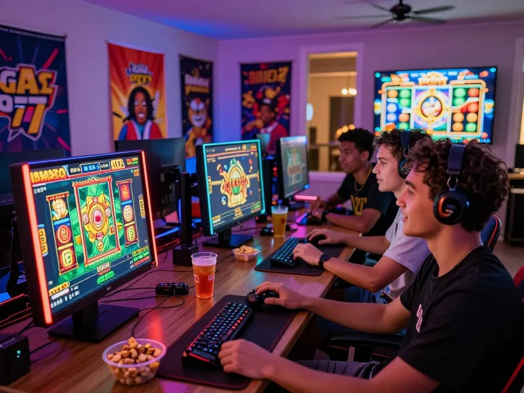 Exciting group of friends playing online slots with vegasslot77 in a vibrant gaming setup.