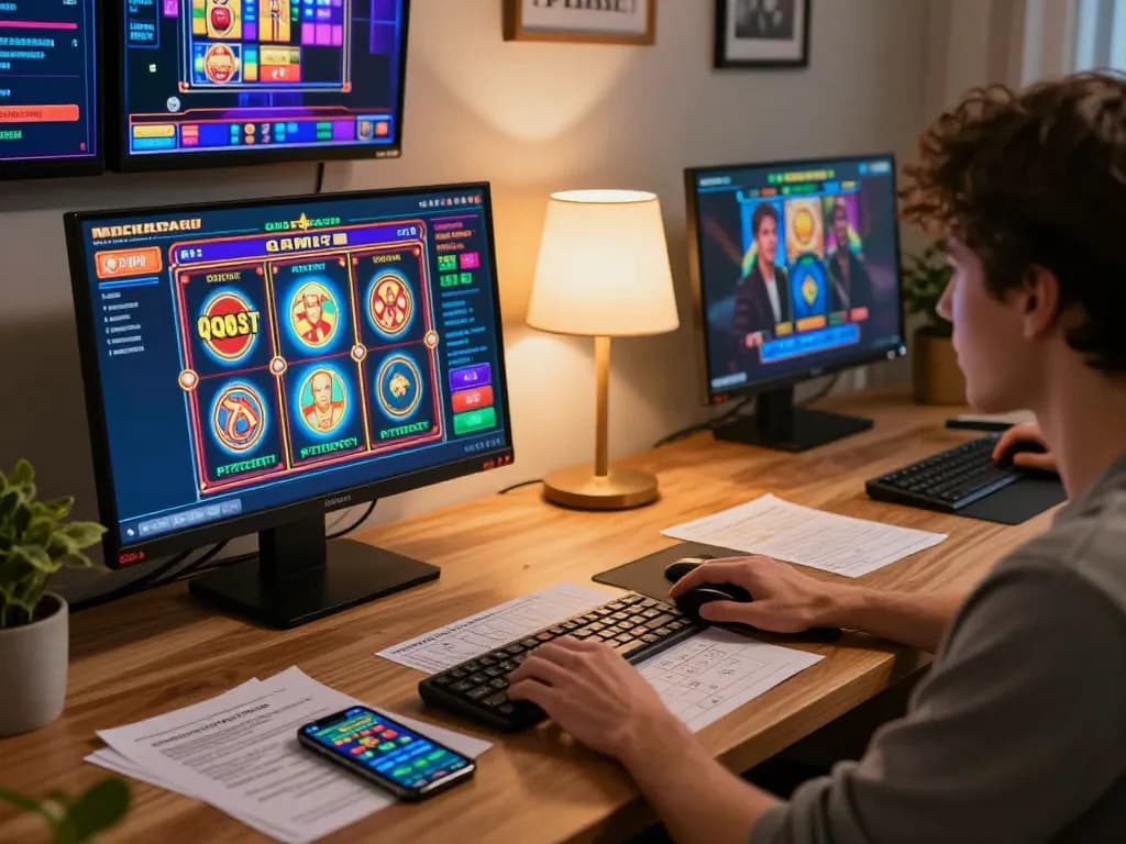 Player enjoying a QQSLOT online gaming session, surrounded by colorful slot games and strategy notes