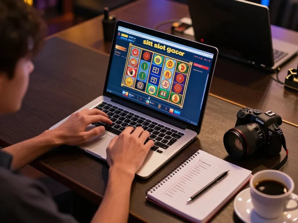 Player engaging with situs slot gacor online slot game interface on laptop with cozy desk setup.
