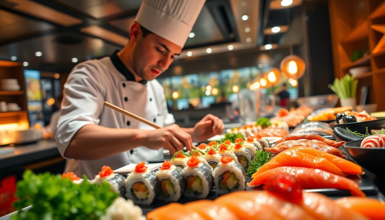 NEKOTOTO: Sushi chef meticulously crafting amazing sushi rolls at a vibrant restaurant.