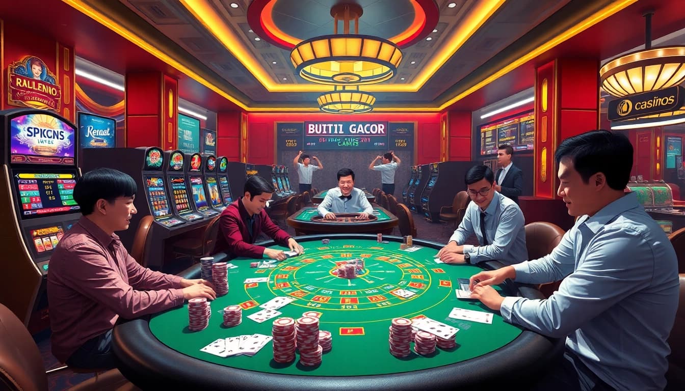Situs Gacor ditampilkan dalam lingkungan kasino yang hidup dengan para pemain yang terlibat dalam permainan poker dan mesin slot yang berwarna-warni.