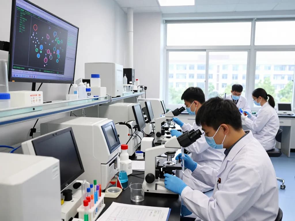 Researchers studying MB66 film for HIV and HSV treatment in a modern laboratory setting