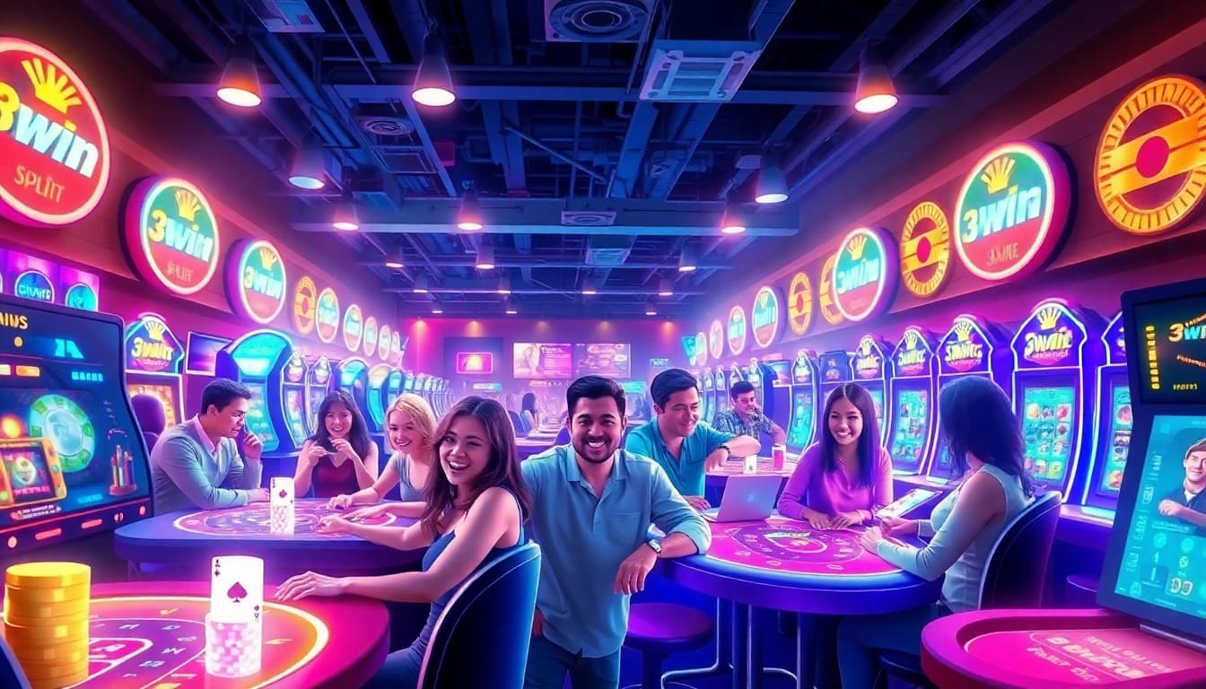 Exciting online gaming scene at https://3winn.it.com, featuring diverse players engaged at vibrant casino tables with neon lights.