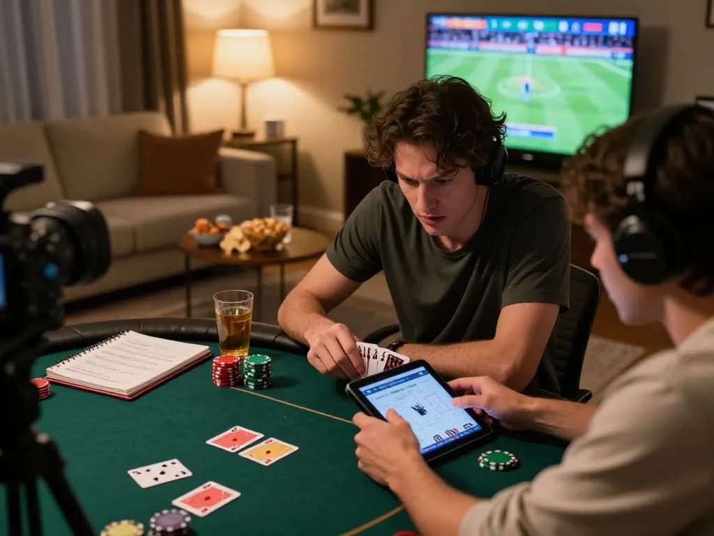 23WIN player enjoying an intense online poker game in a cozy setting, showcasing focused gameplay.