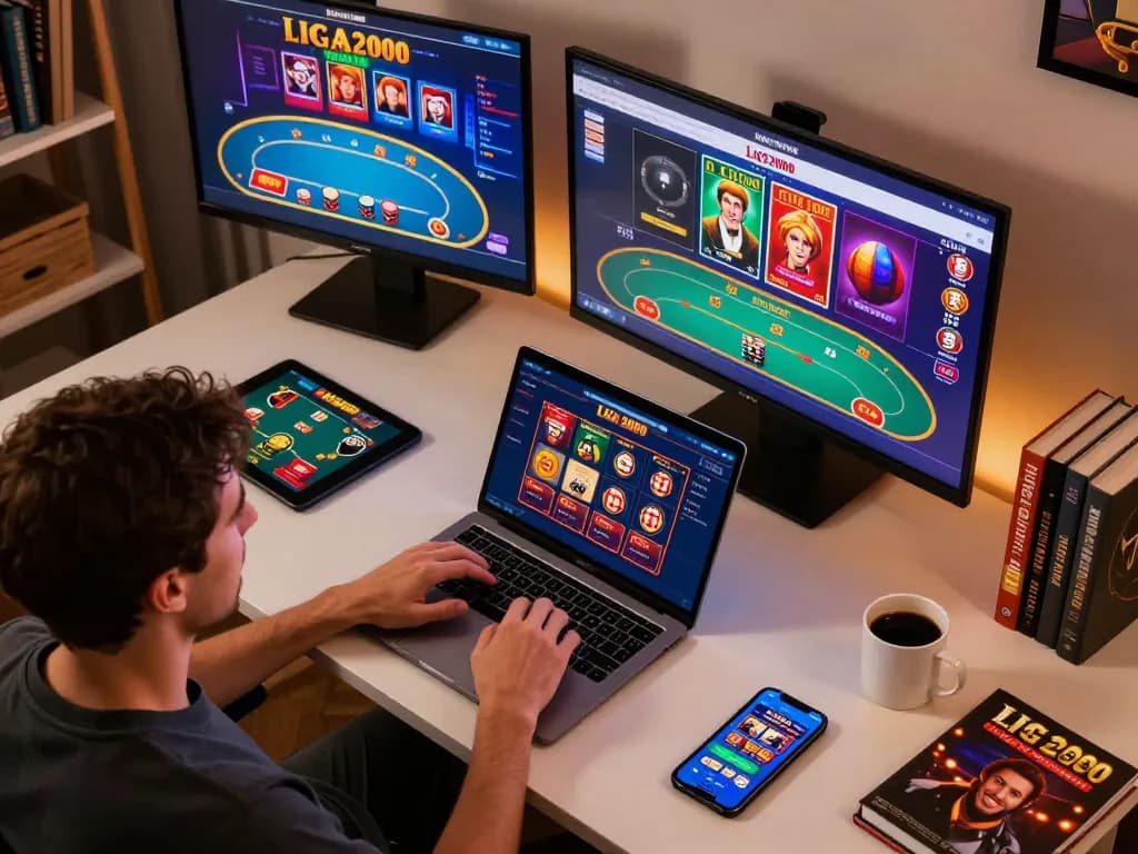 LIGA2000 gameplay in a cozy home office featuring multiple screens and engaging gaming strategies.