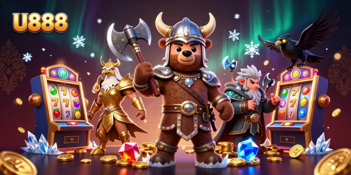 Win big with U888 on an exciting 3D cartoon gaming scene featuring characters and thrilling slot machines.