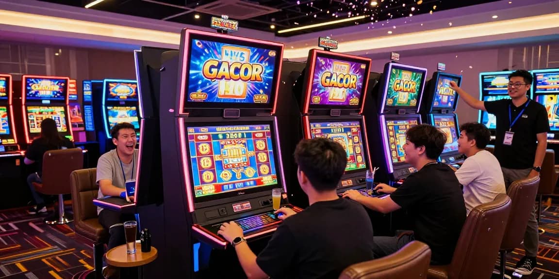 Players enjoying slot gacor games in a vibrant online casino atmosphere, celebrating wins amidst colorful graphics.