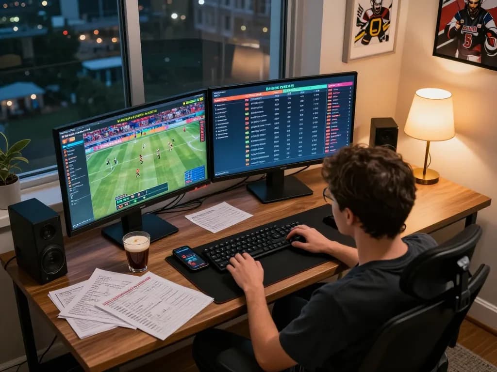 Engaging sports betting setup showcasing Net88 action with dual monitors and betting notes.