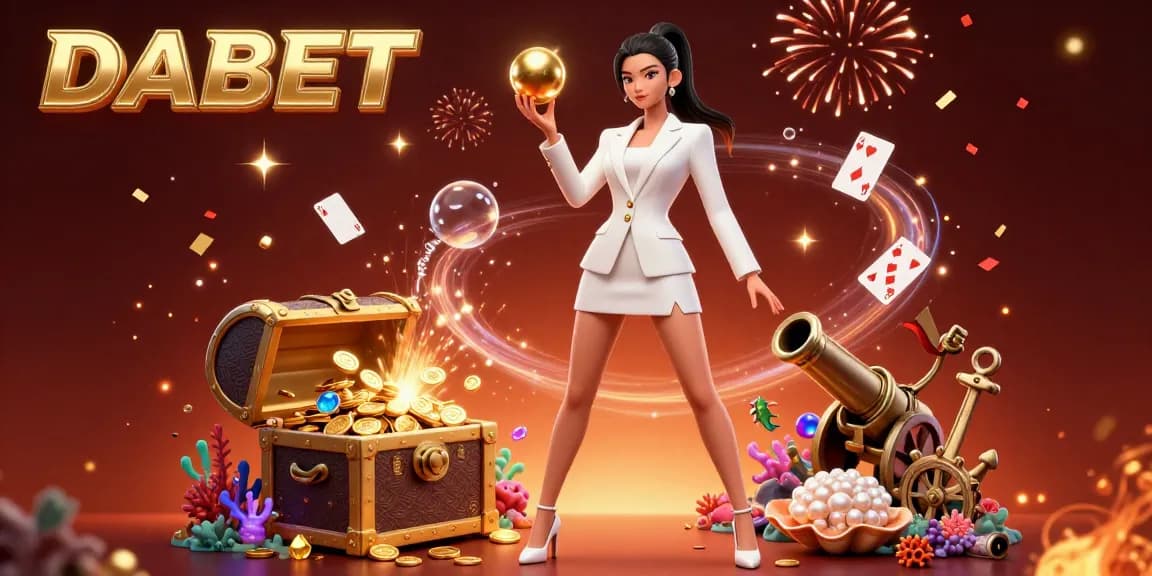 DABET casino illustration showcases a confident woman with a roulette ball amidst vibrant gambling elements.