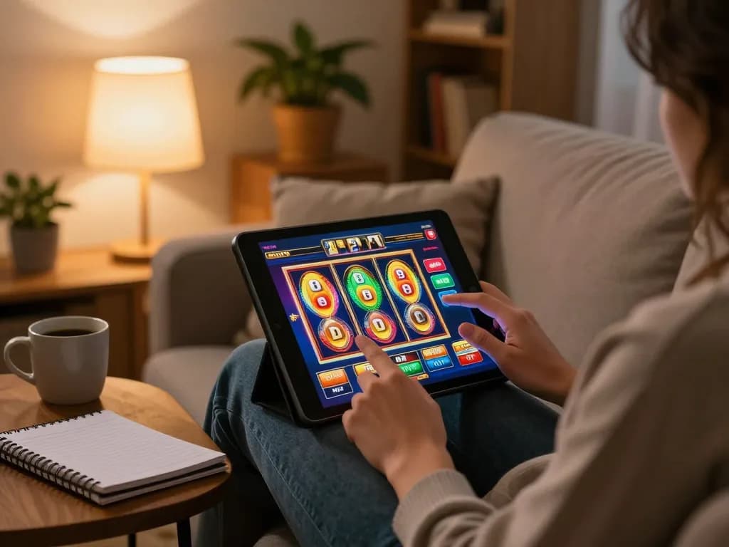 Terlibat dalam sesi slot online yang nyaman di tablet sambil melacak catatan strategi