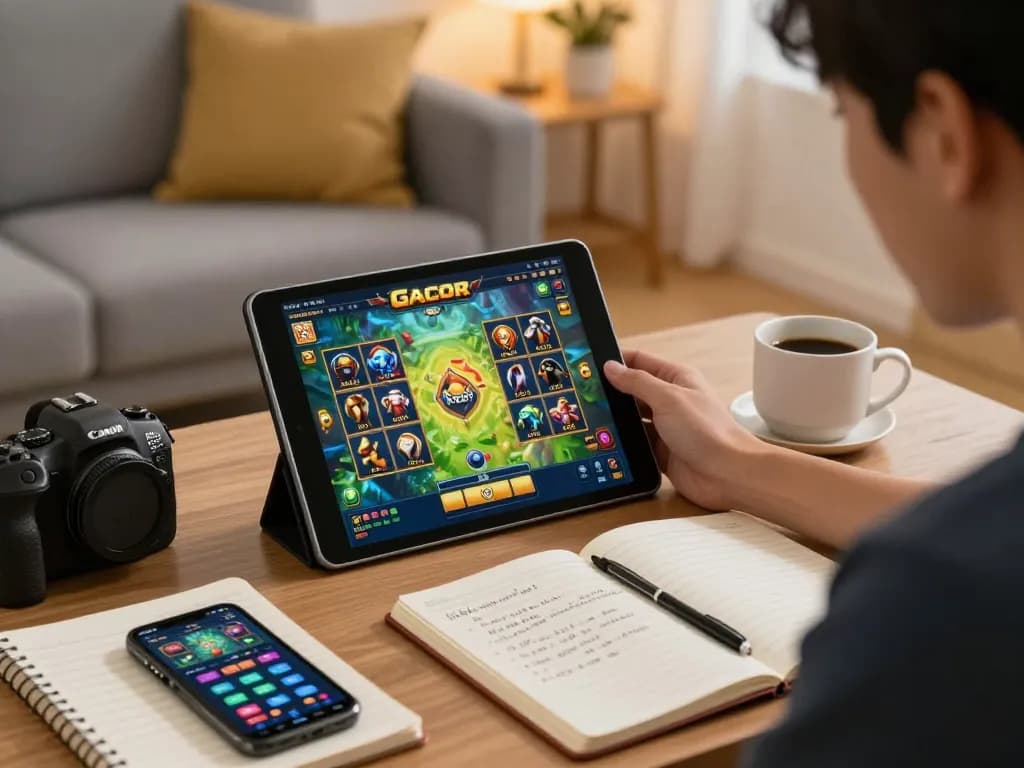 Engaged player exploring slot gacor game on tablet in cozy living room with strategic notes.