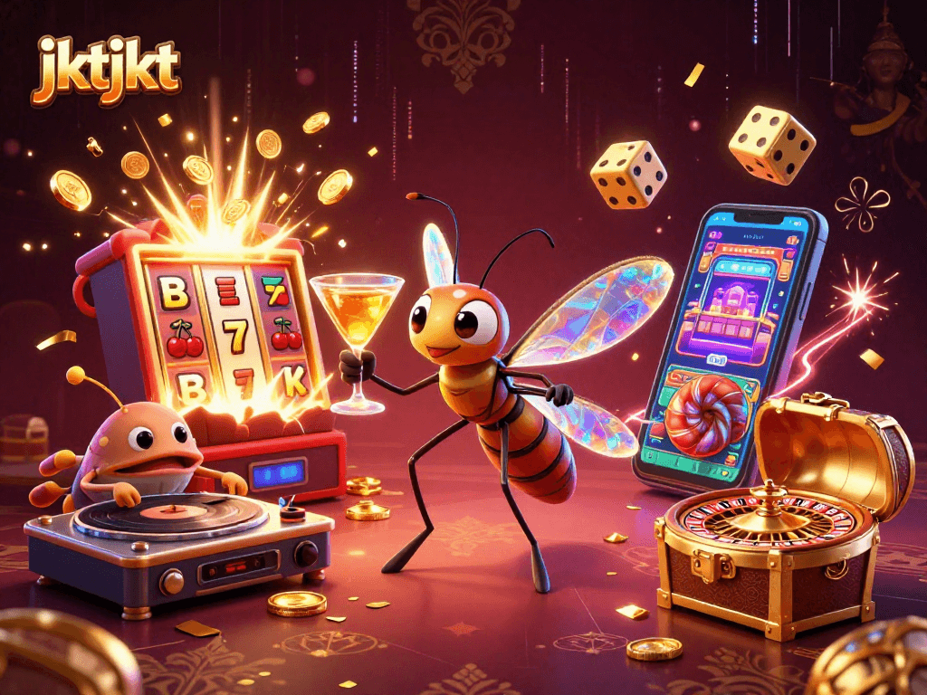 Mainkan jktjkt dengan menggunakan slot machine 3D dan simbol kemenangan berkilauan.