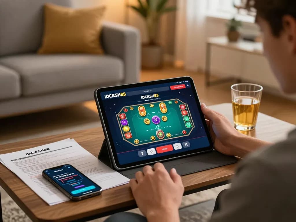 Engaging gameplay on IDCASH88 platform, showing user strategy notes in a cozy home setting.