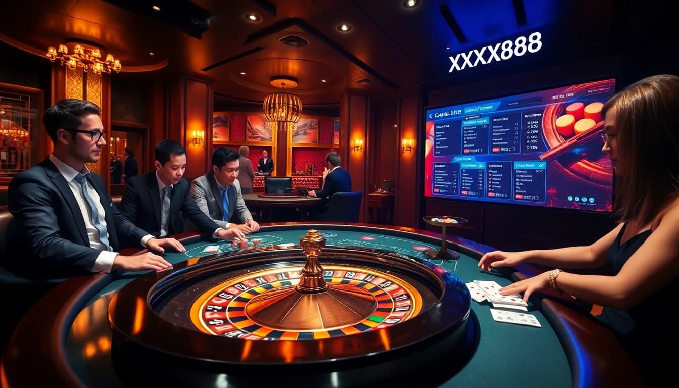 Players enjoy a thrilling game at the XX88 casino table amidst vibrant colors and luxurious ambiance.