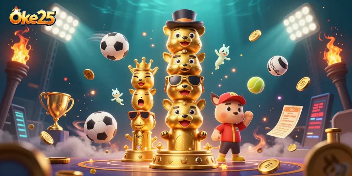 Oke25 merayakan kemenangan dengan totem beruang dan bola olahraga di kasino virtual.