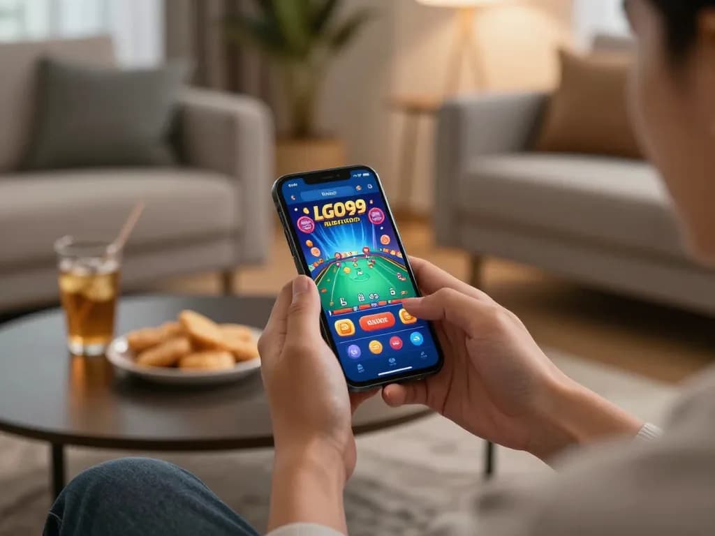 LGO99 user enjoying mobile casino gaming with vibrant app display and cozy home ambiance