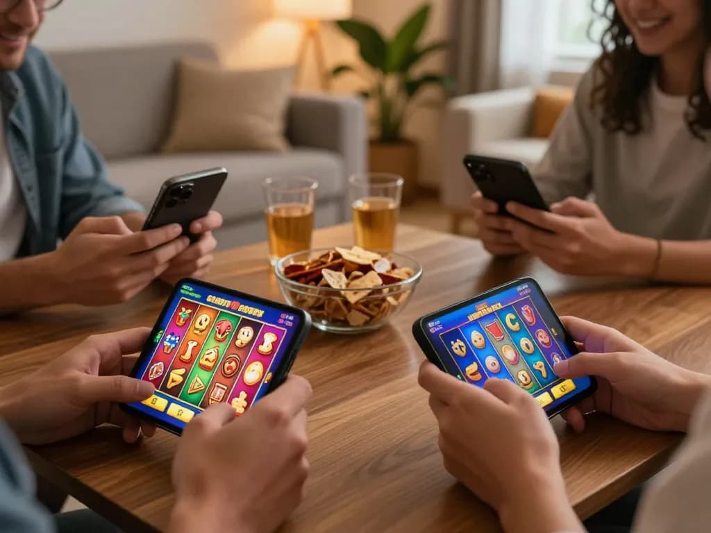 Players enjoying the LGOSUPER slot game, pressing spin buttons on smartphones in a cozy setting.