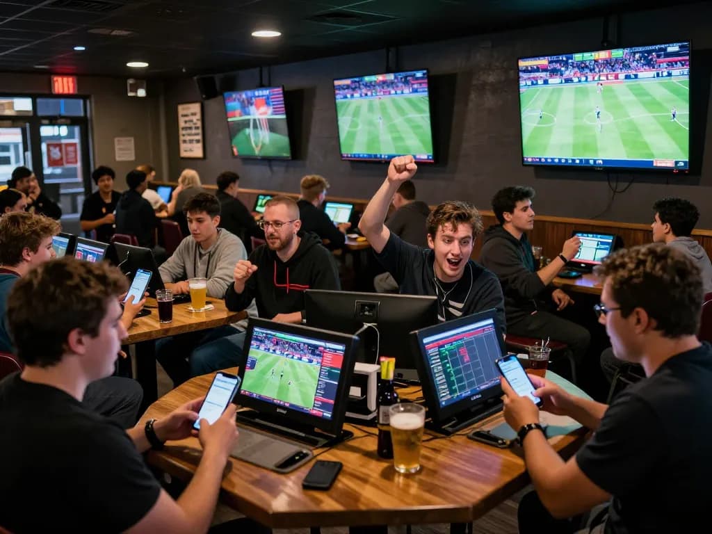 Sports betting excitement at mb66ac with patrons engaging on smartphones amidst a lively bar setting