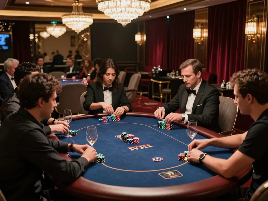 Engaging poker game at a luxurious VIP table showcasing SHBET's high-stakes action and elite atmosphere.