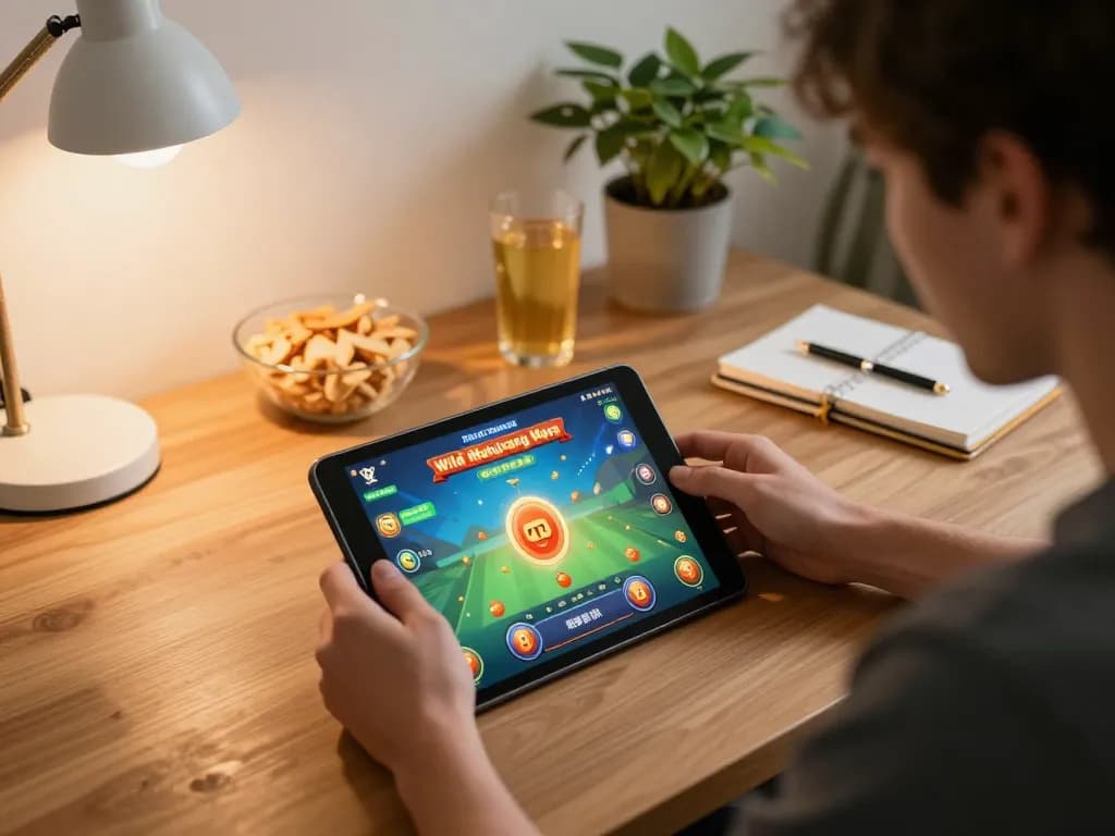 IDNSCORE player enjoying PG Soft Wild Mahjong Ways demo on tablet with strategic notes