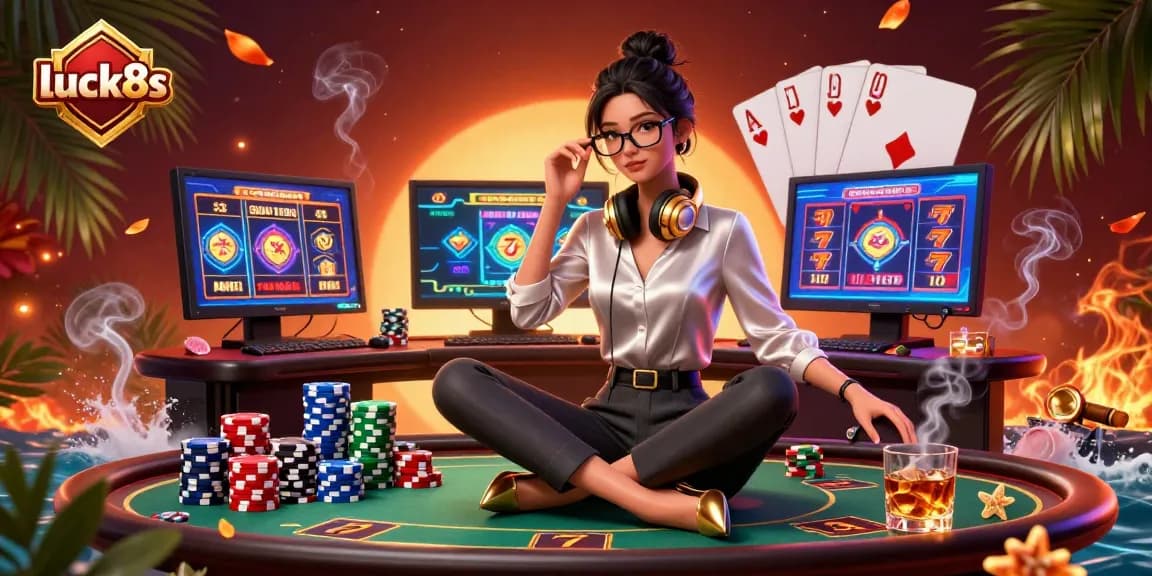 Experience thrilling gameplay at luck8s with vibrant slot machines and poker elements in a dynamic illustration.
