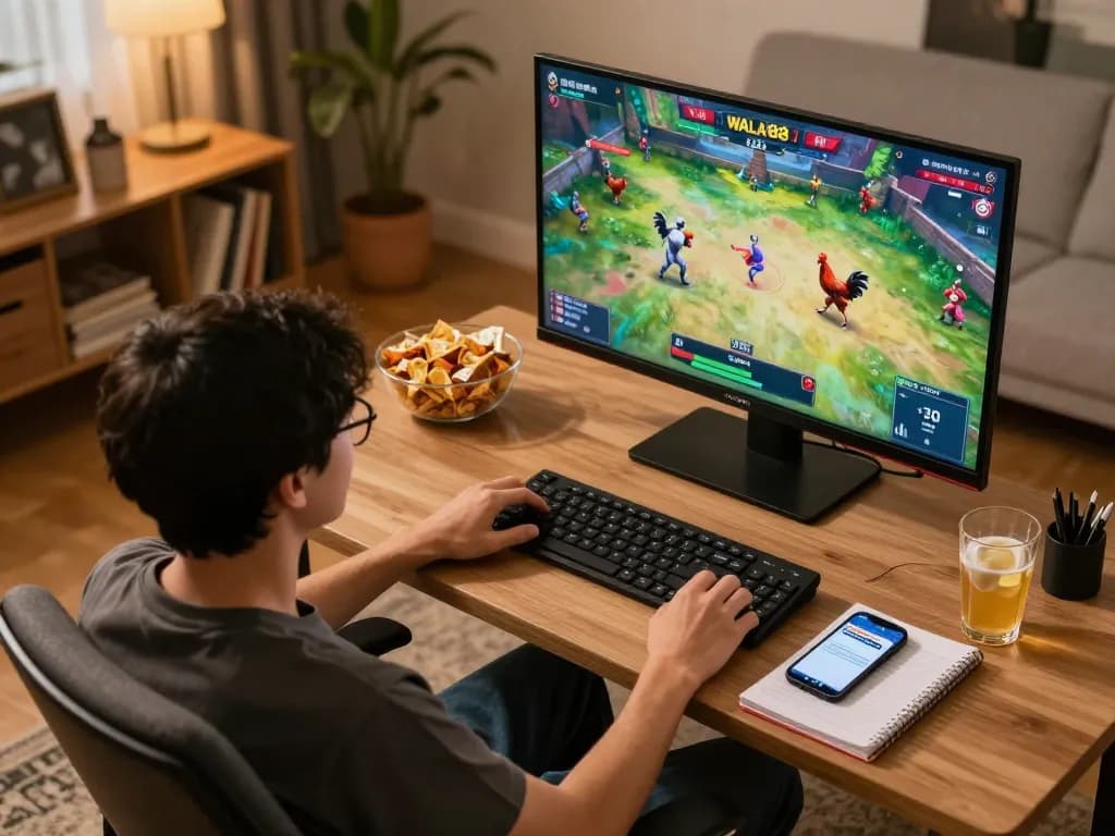 Watch WALA88 live chicken fighting action during an exciting home gaming session.