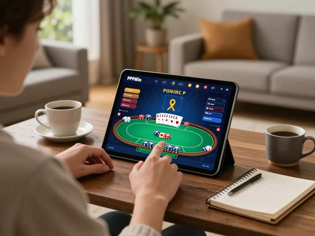 PP9Win Login screen visible on tablet as user enjoys online poker in cozy setting