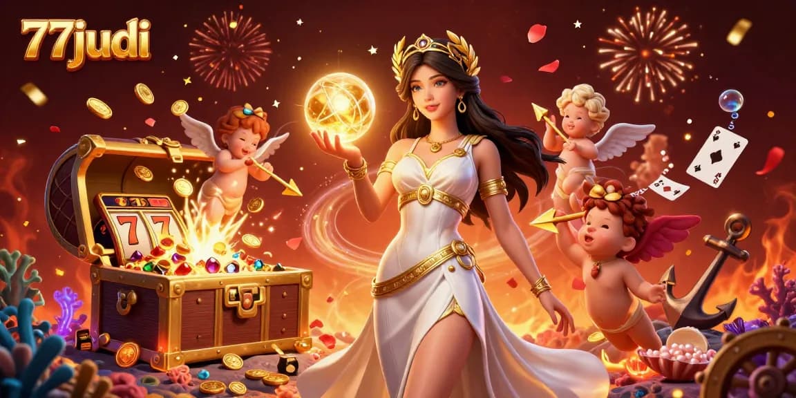 77judi brings exciting gameplay with slot reels and golden treasures in a captivating casino illustration.