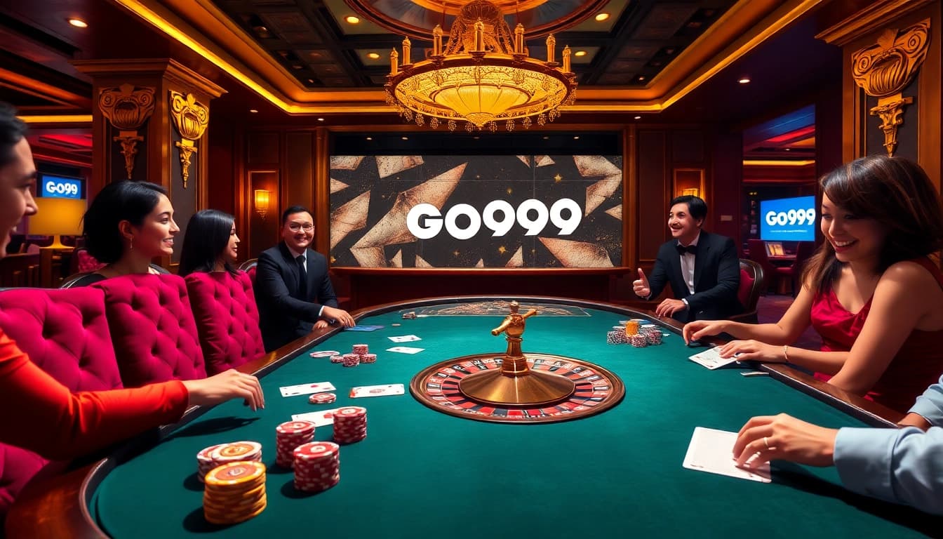 Experience the excitement of go99 with an elegant casino table bustling with gamblers and games.