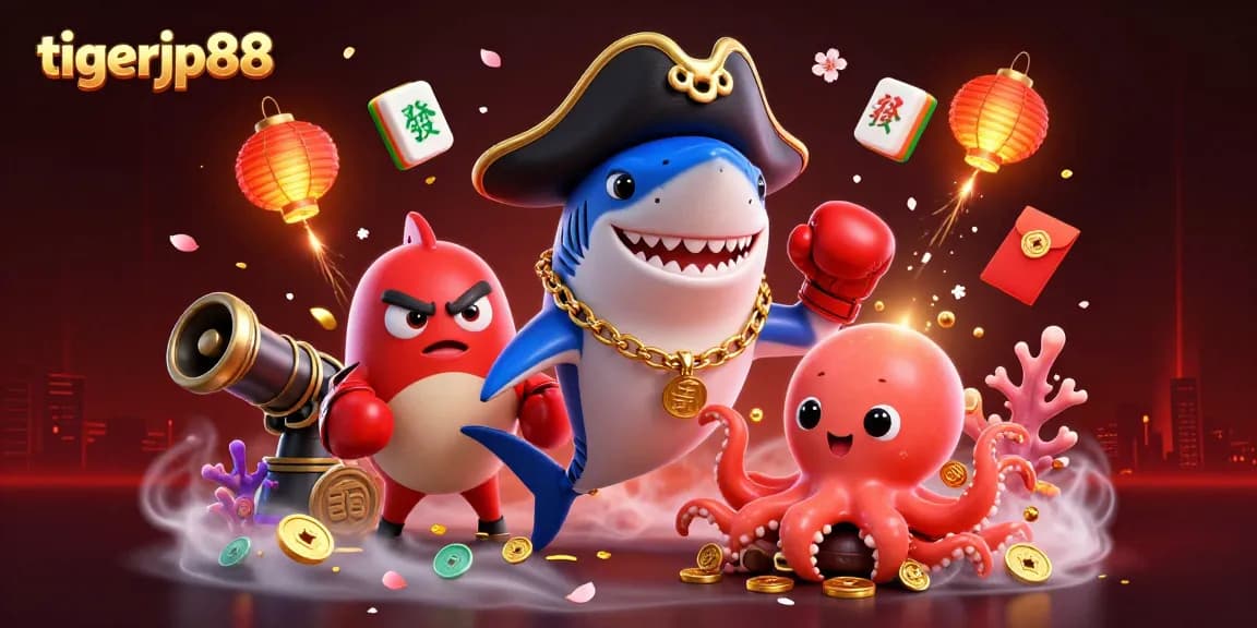 Serunya bermain tigerjp88 dengan hiu kartun, ikan puffer marah, dan bayi gurita, dikelilingi elemen permainan.