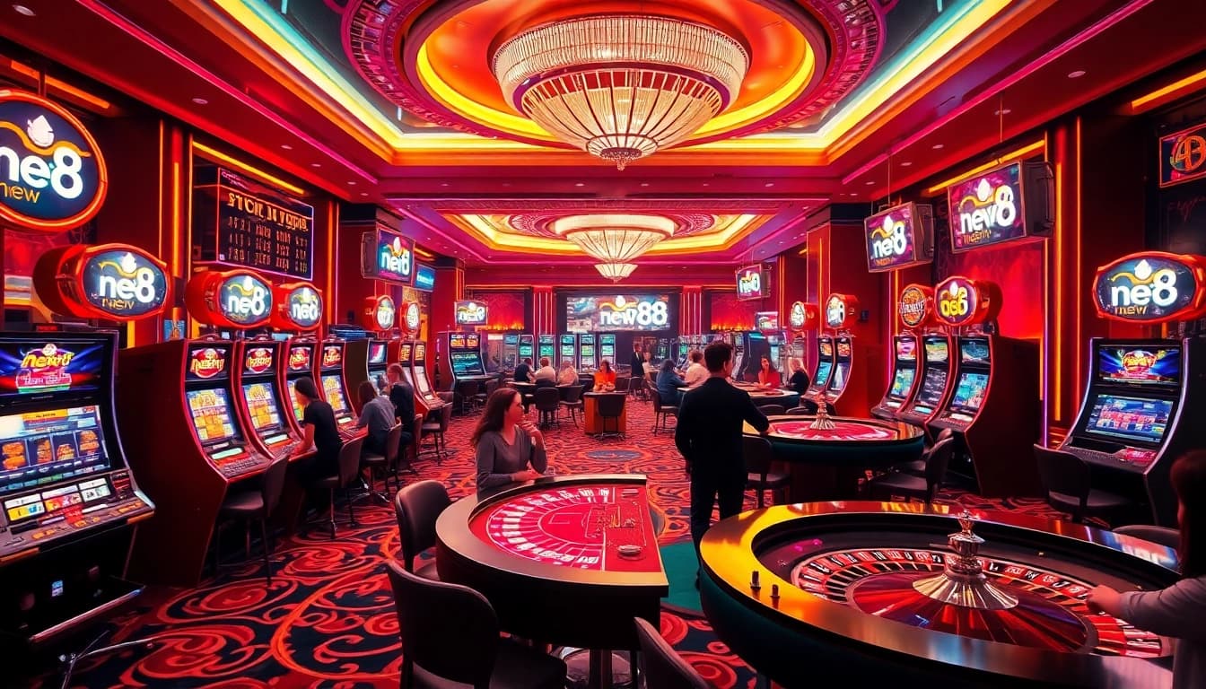 Insert new 88 logo while capturing an exciting online casino scene with players at slot machines.