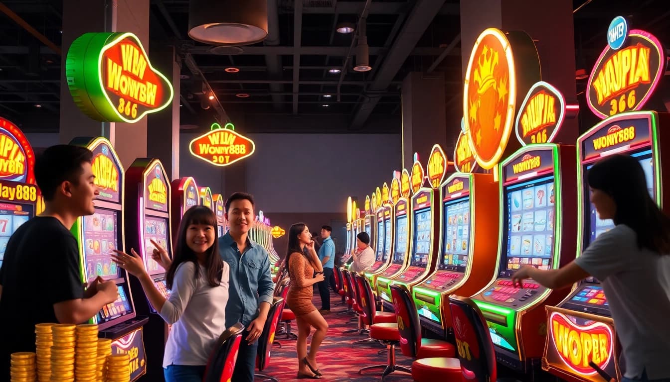WONPLAY888 vibrant online gaming scene with Indonesian players enjoying slot machines