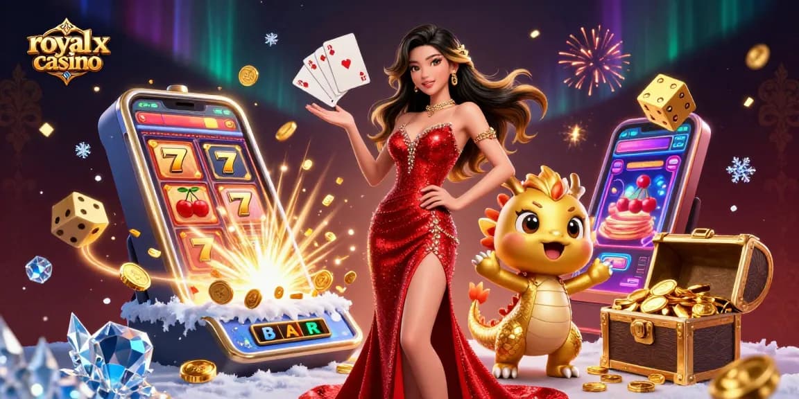 Win big with royal x casino's exciting slot games, featuring vibrant characters and gold coins.