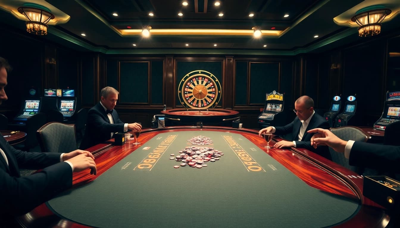 Experience the excitement of gambling at 789p's luxurious casino, featuring poker tables and slot machines.