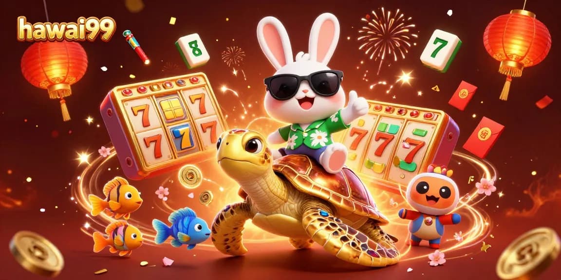 Experience the thrill of hawai99 with a lucky rabbit and golden sea turtle surrounded by vibrant casino elements.