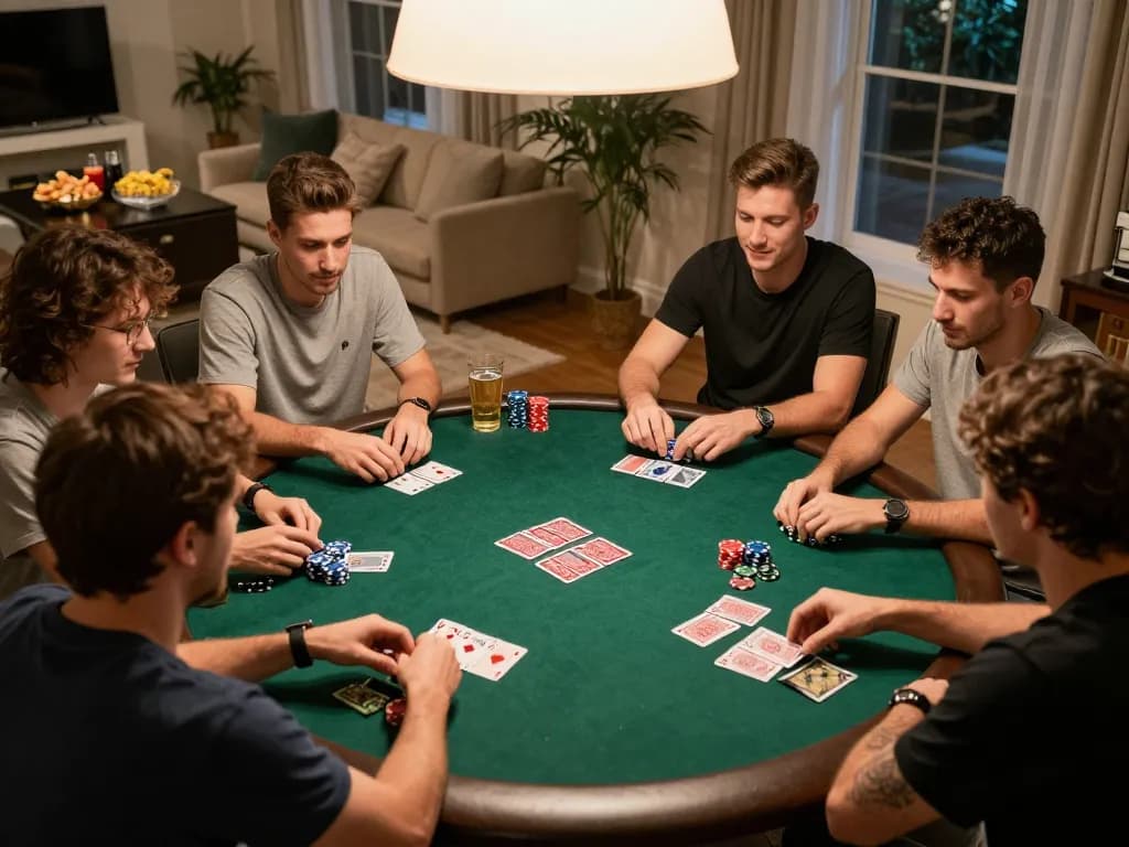 Friends enjoying a thrilling poker night while discussing kèo nhà cái strategies, chips stacked in front.