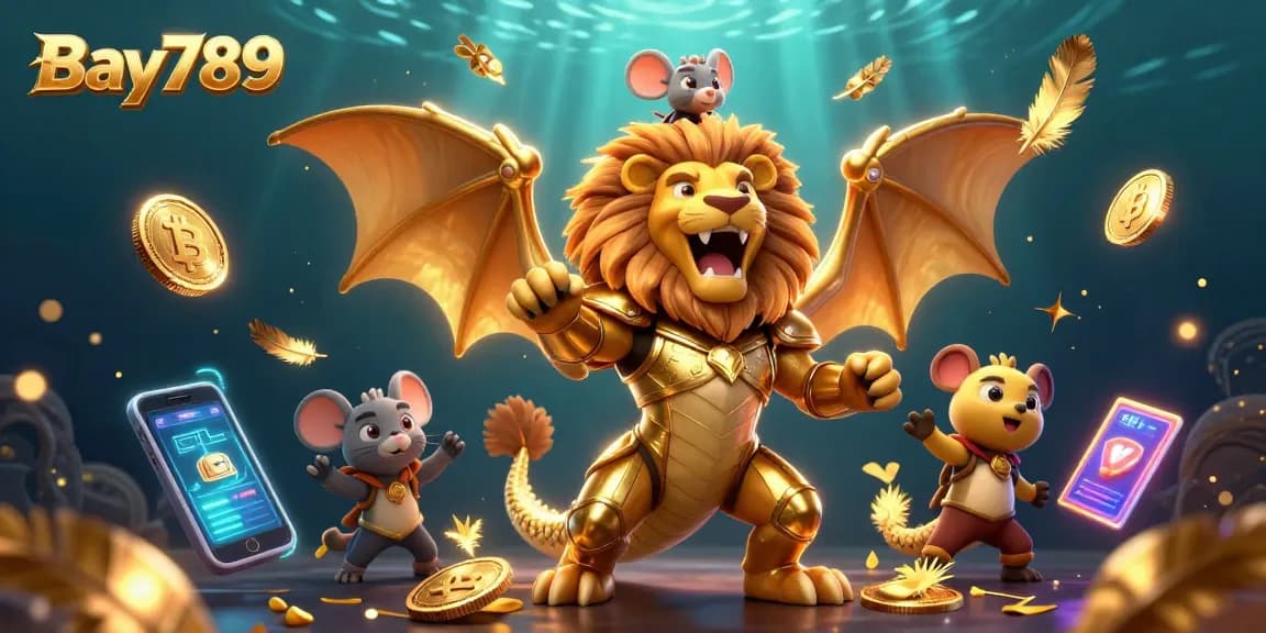 Bay789 captures the thrill of online gambling with a triumphant chimera and crypto elements in a vibrant setting.