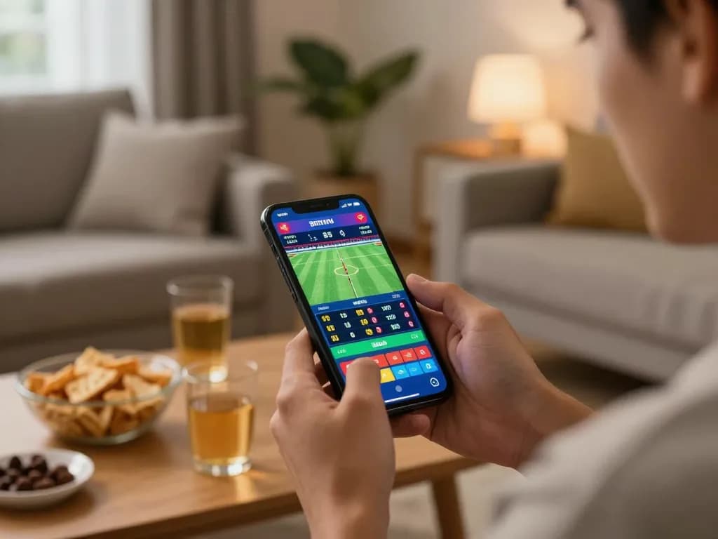 Kèo nhà cái seen in action as a person engages in live sports betting on smartphone in modern home.