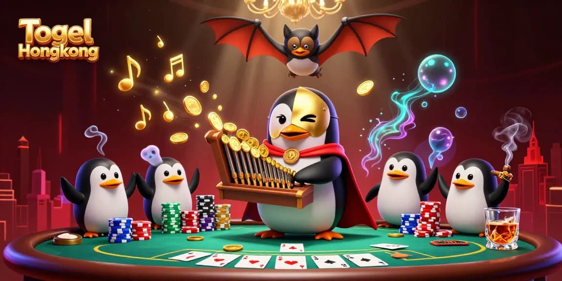 Spin the reels in Togel Hongkong while golden coins cascade from an opera penguin's pipe organ.