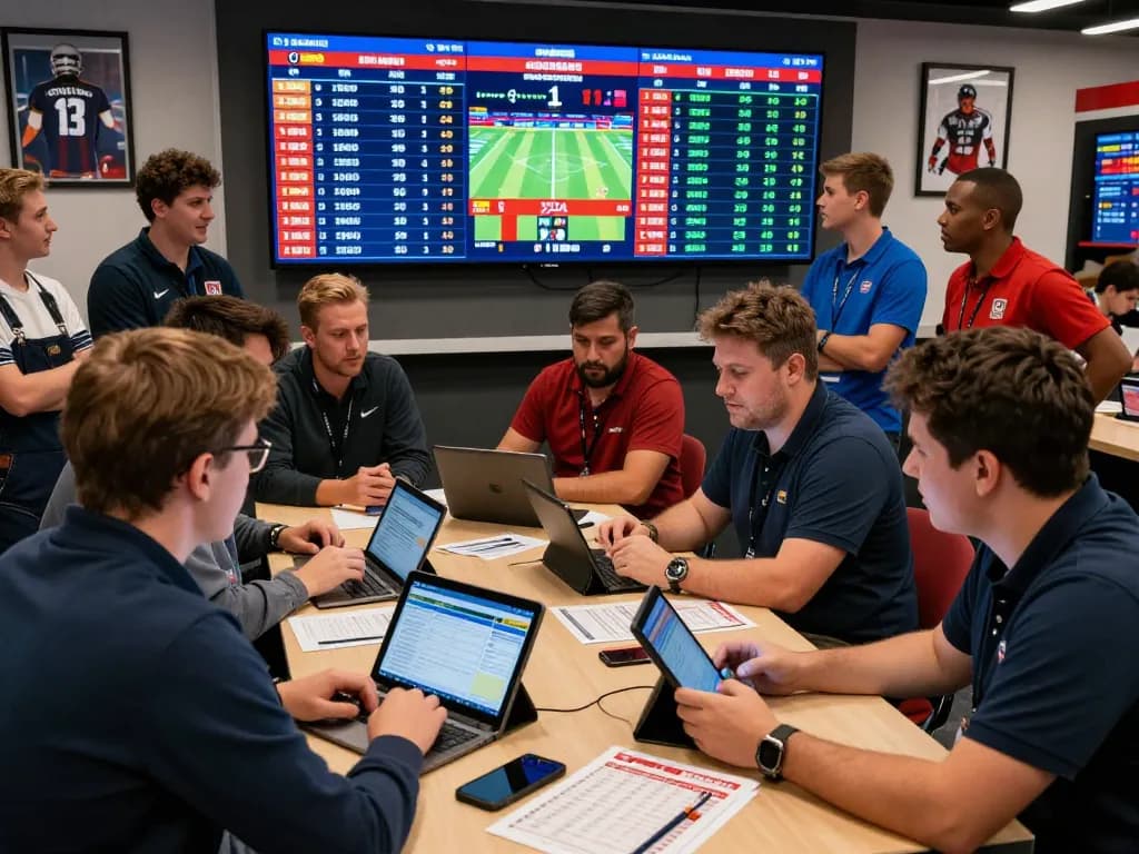Interactive kèo nhà cái experience with diverse bettors analyzing live match odds and statistics in a modern sportsbook environment.