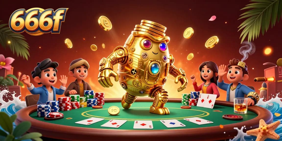 Engage with exciting games at 666f featuring a dynamic golden golem and poker table elements.