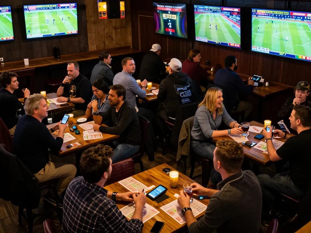 Xoilac fans engaging in live sports betting action, cheering, and placing bets in an animated atmosphere.