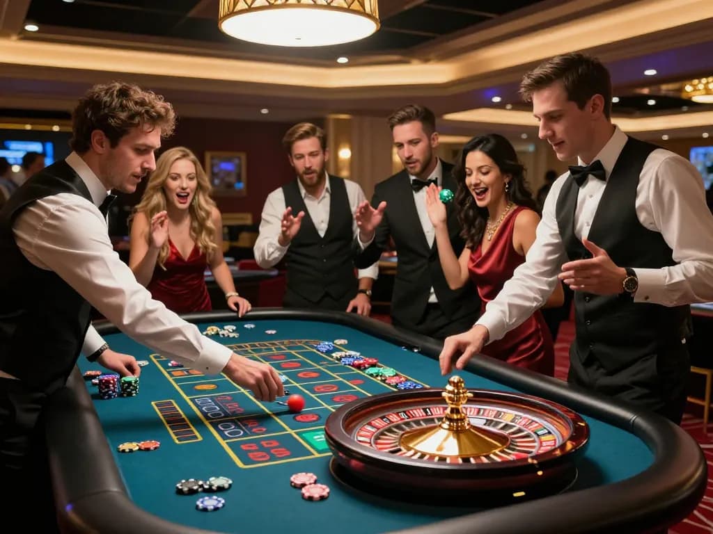 Pemain Deluna4D menikmati permainan yang mendebarkan di meja roulette, menyoroti suasana kasino yang hidup.
