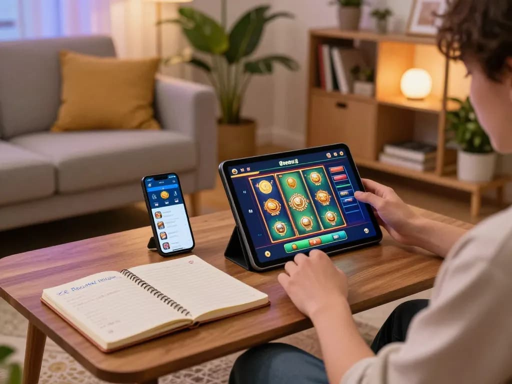 Engaged player using the boosterjp app on a tablet in a cozy home setting