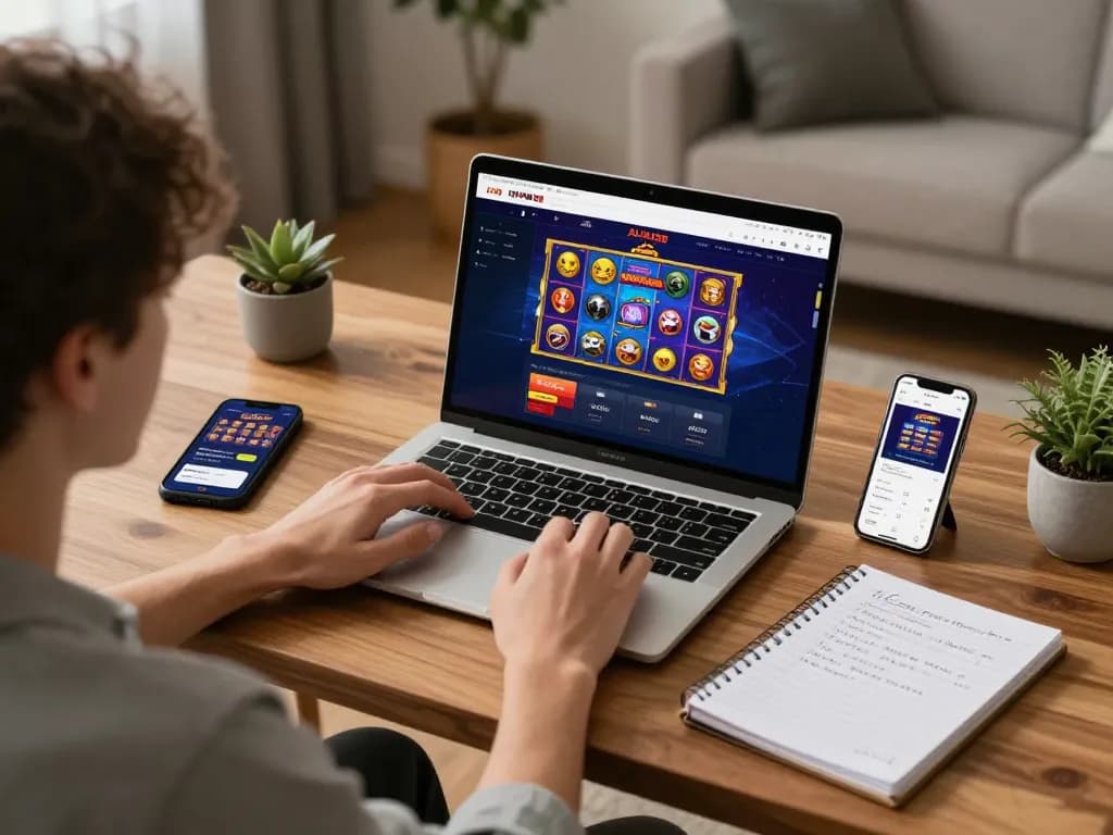 Pemain terlibat menjelajahi permainan online ALFA138 di laptop di rumah untuk strategi kasino yang menarik.