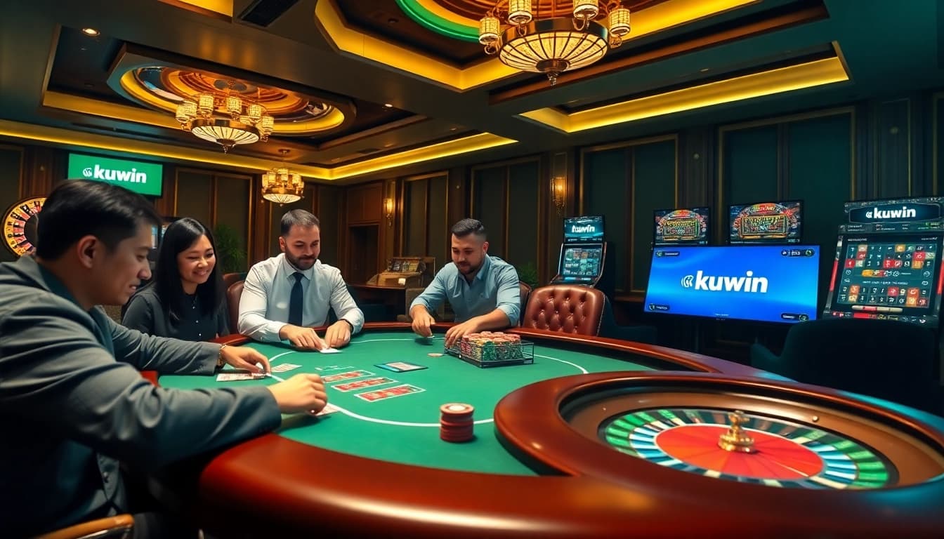 Kuwin players enjoying a thrilling poker game at a luxurious casino table surrounded by vibrant gambling elements.