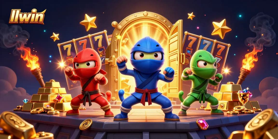 Experience llwin gaming with a dynamic 3D illustration of ninja chameleons amidst slots and treasures.