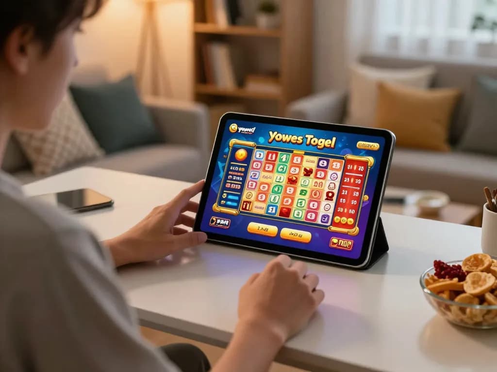 Engaging in yowes togel online gaming with a tablet in a cozy home setting.