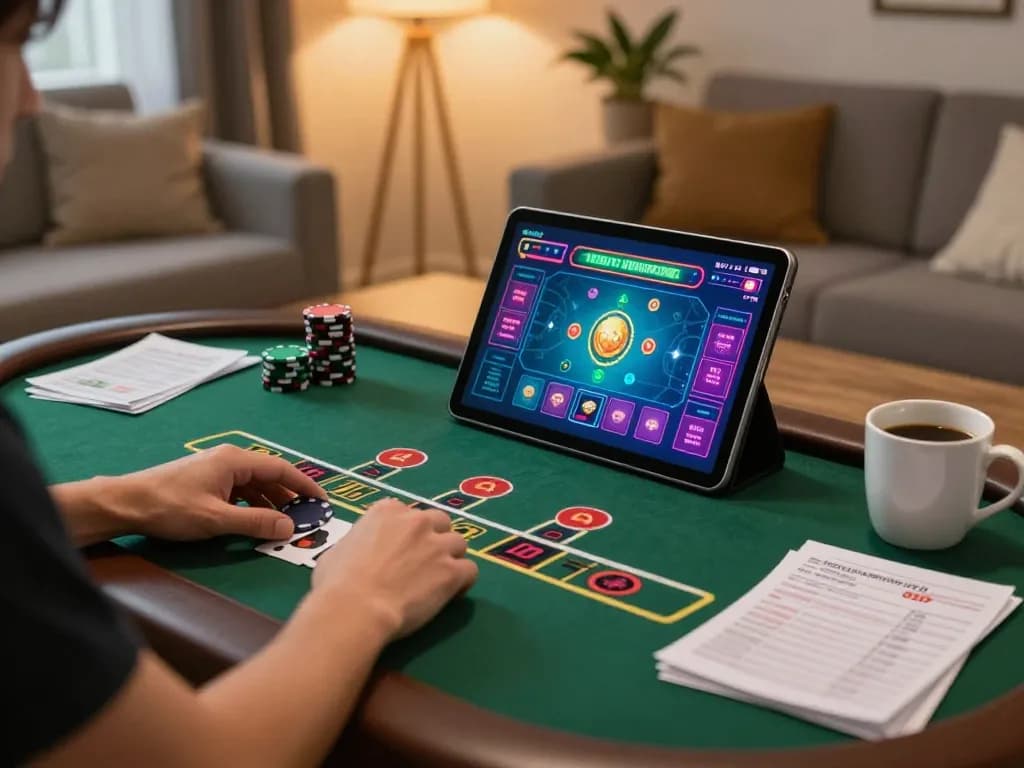 dh88 player enjoying a live dealer blackjack game at home, depicting strategic gameplay and vibrant graphics.