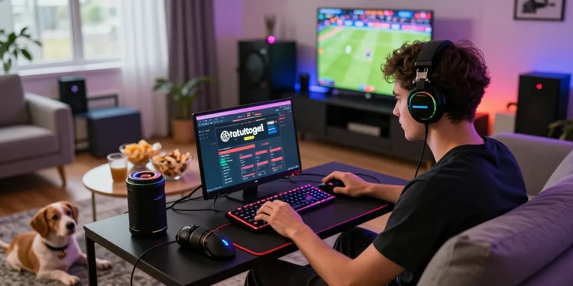 Permainan Ratutogel online dalam suasana santai di rumah, dengan pemuda fokus di laptop dan aksesoris gaming.